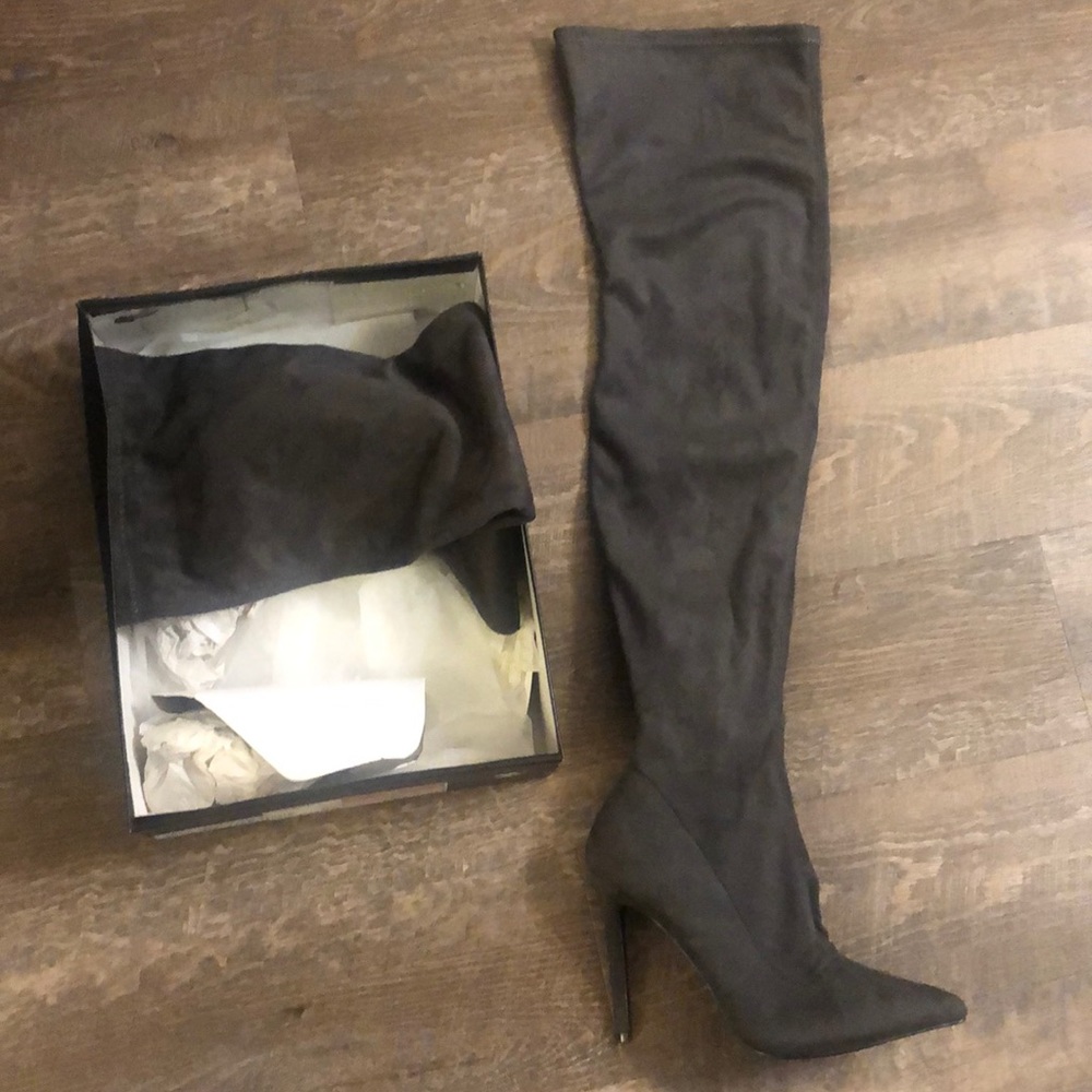 Grey thigh high boots